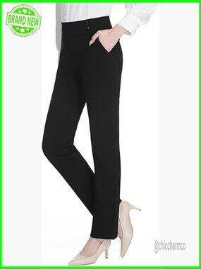 Stretchy High Waist Straight Leg Dress Pants with Pockets for Work Casual